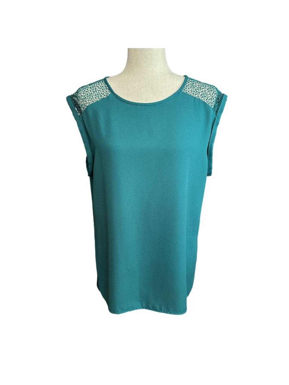 Loft Shirt Women L Teal Green Sleeveless Blouse Lace Detail Shoulders Workwear